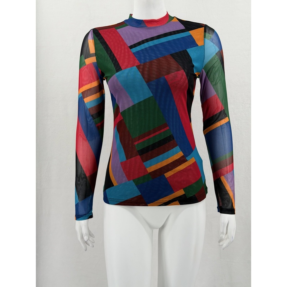 New York & Company Top Womens XS Multicolor Mesh Sheer Geometric Artsy Rave